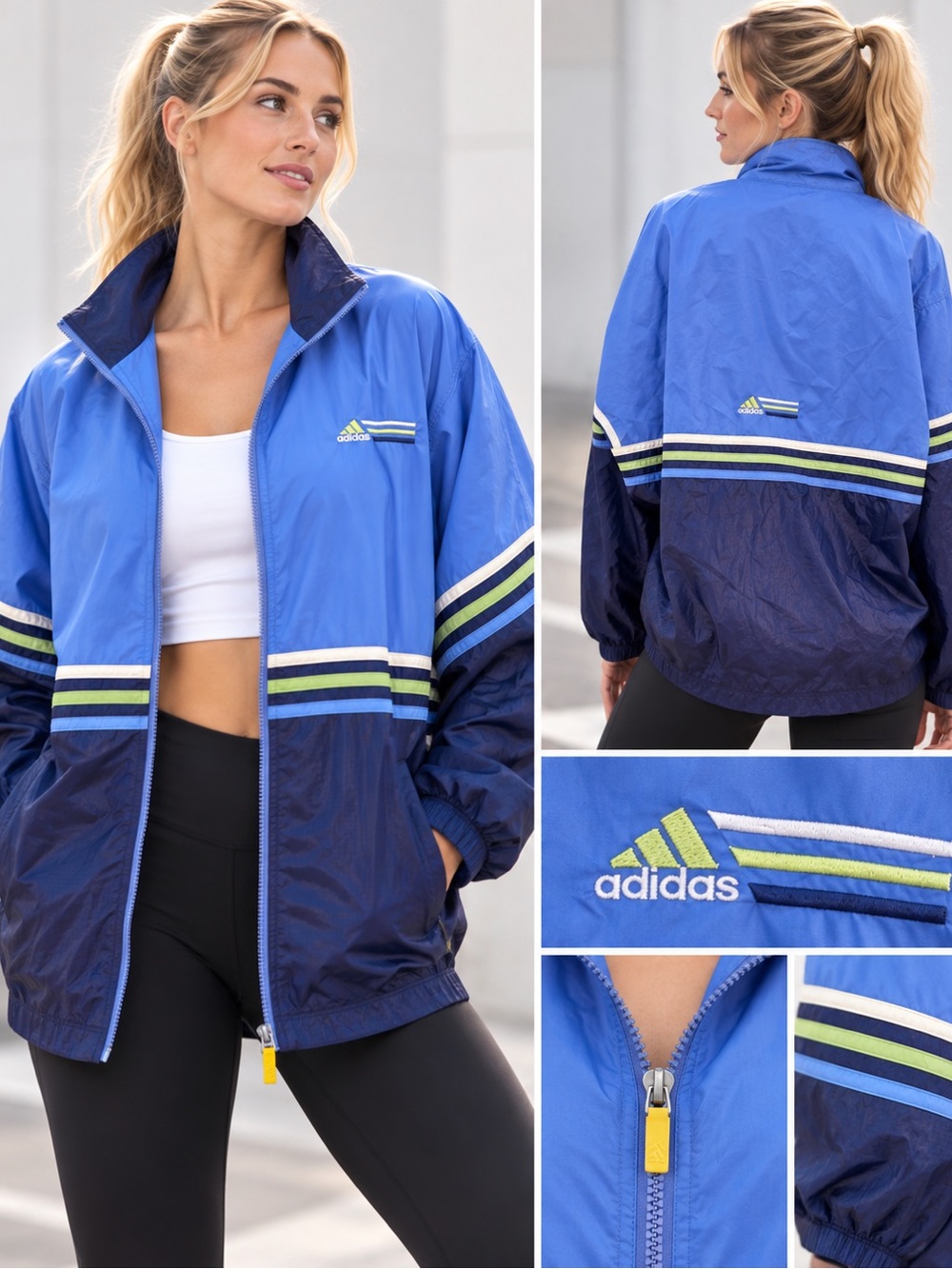 Vintage Adidas Windbreaker Jacket Size L Blue Navy Colorblock Striped Retro